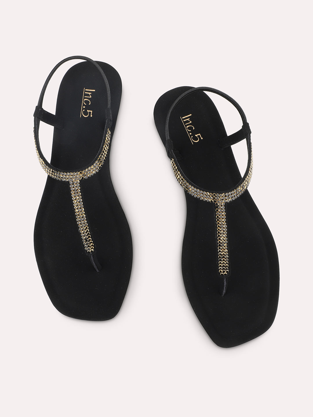 Women Black And Gold-Toned Embellished Open Toe T-Strap Flats