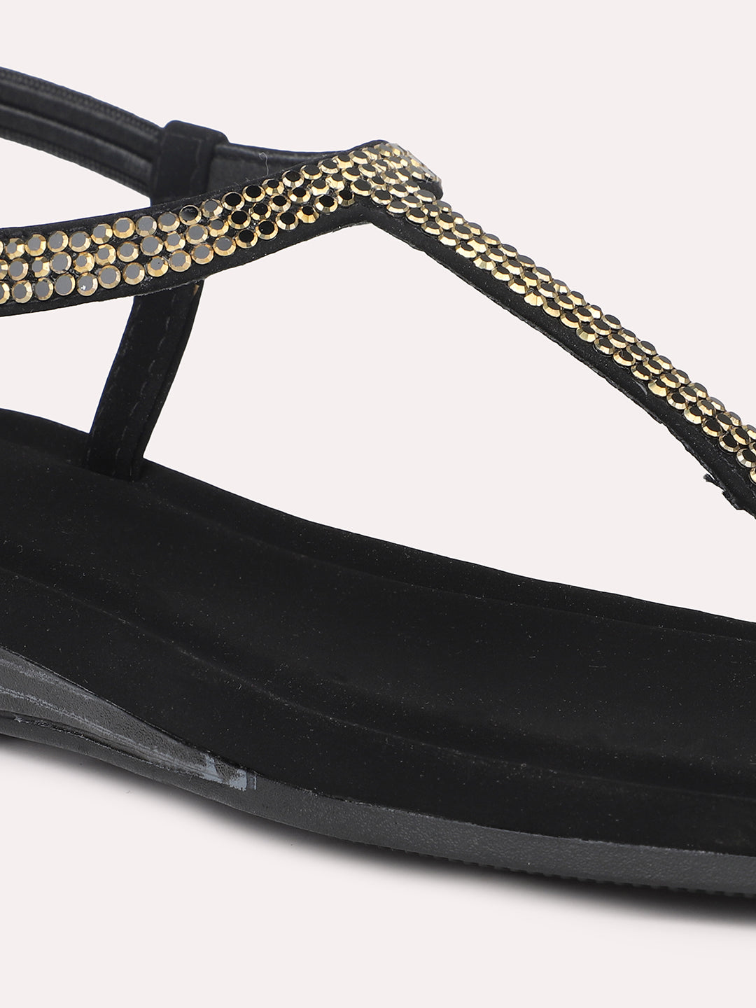 Women Black And Gold-Toned Embellished Open Toe T-Strap Flats