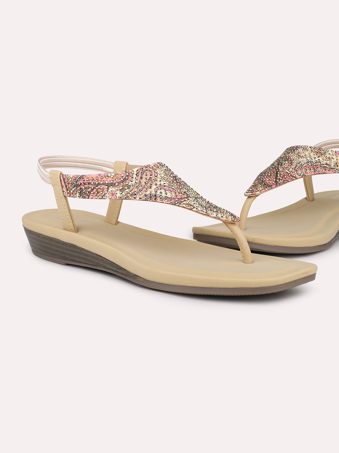 Women Beige-Coloured Embellished Open Toe T-Strap Flats