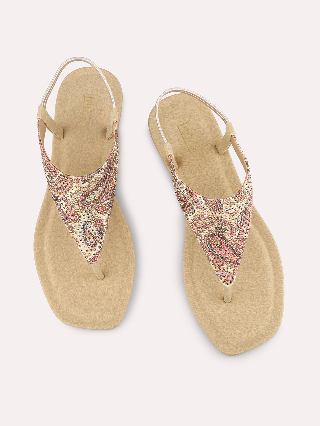 Women Beige-Coloured Embellished Open Toe T-Strap Flats