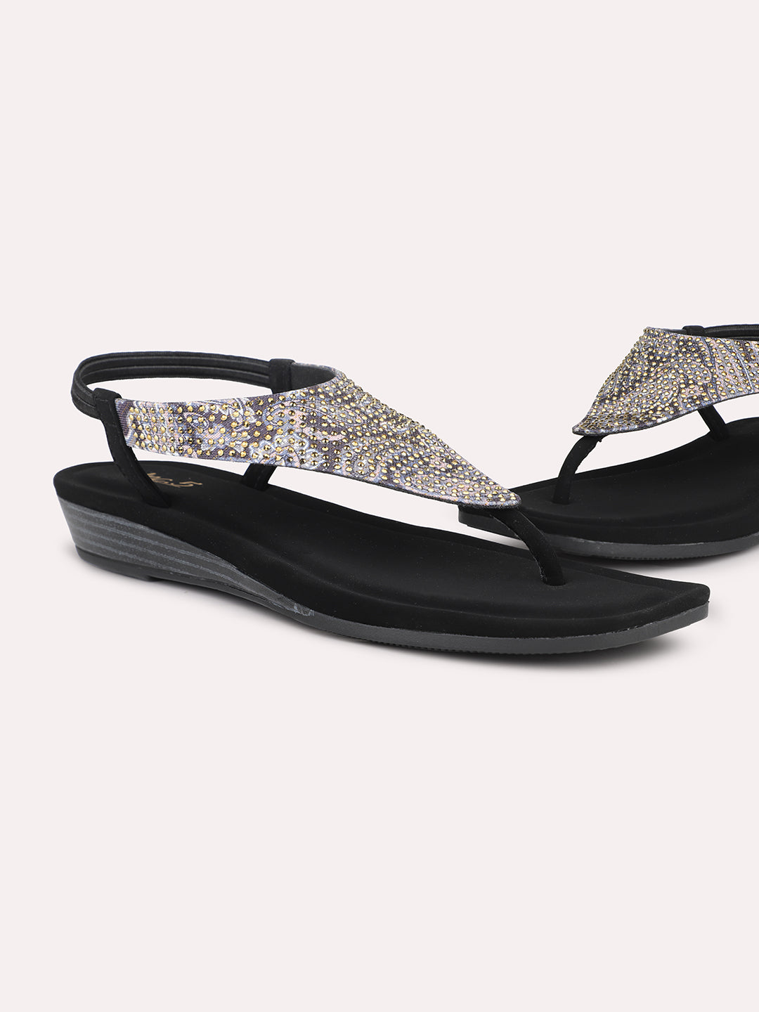 Women Black-Coloured Embellished Open Toe T-Strap Flats