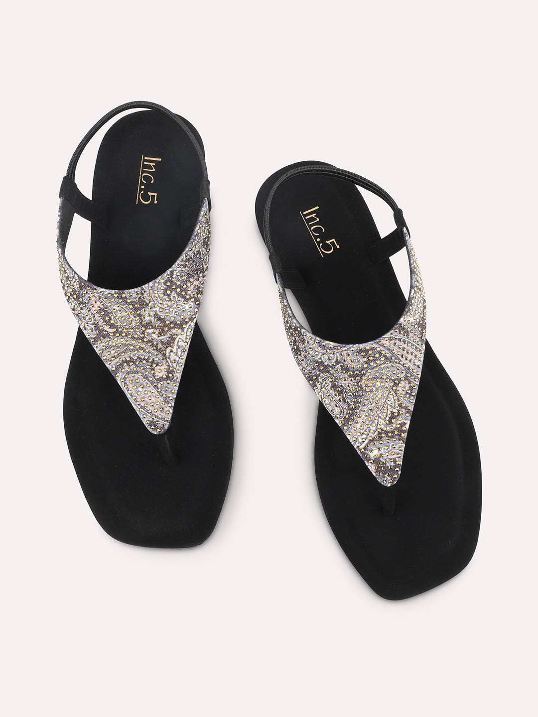 Women Black-Coloured Embellished Open Toe T-Strap Flats