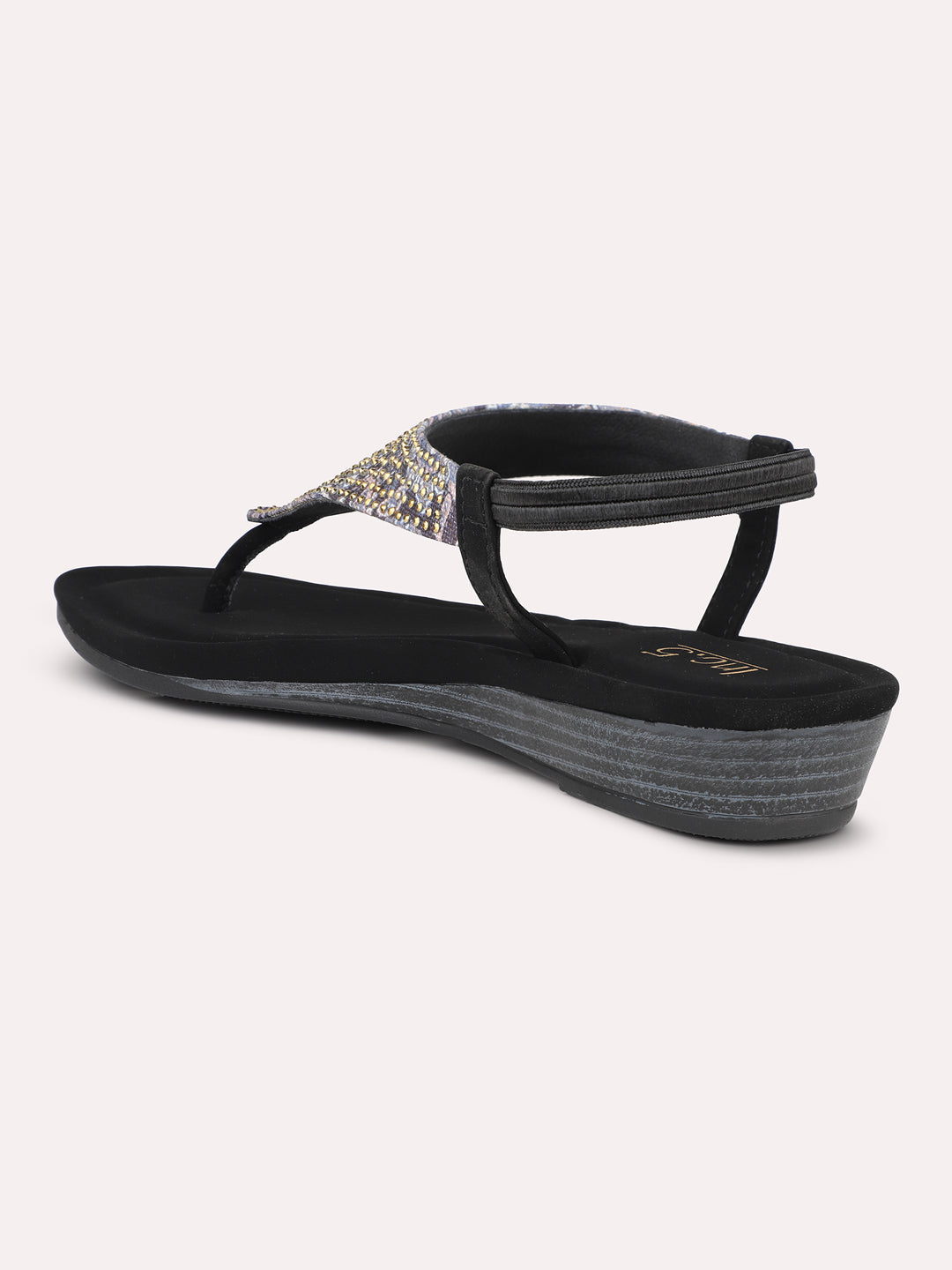 Women Black-Coloured Embellished Open Toe T-Strap Flats