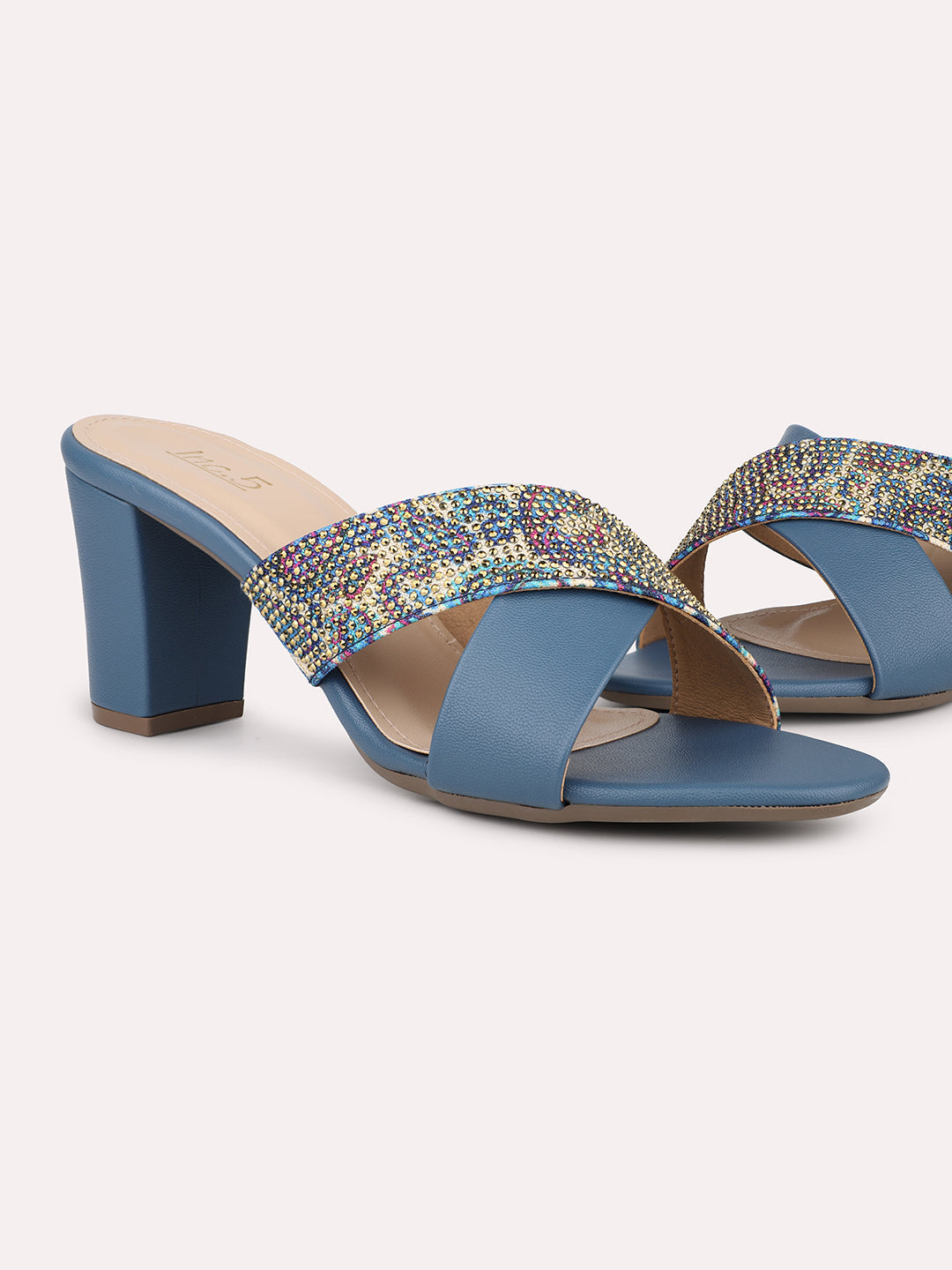 Women Blue-Coloured Embellished Cross Strap Party Block Heels