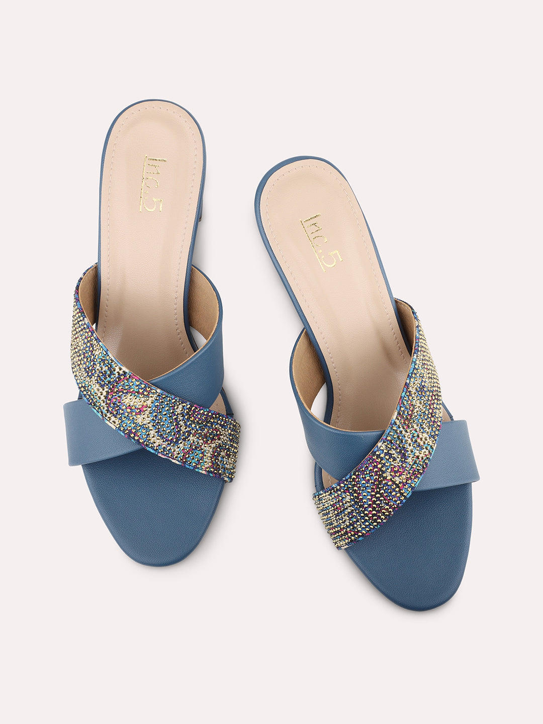 Women Blue-Coloured Embellished Cross Strap Party Block Heels