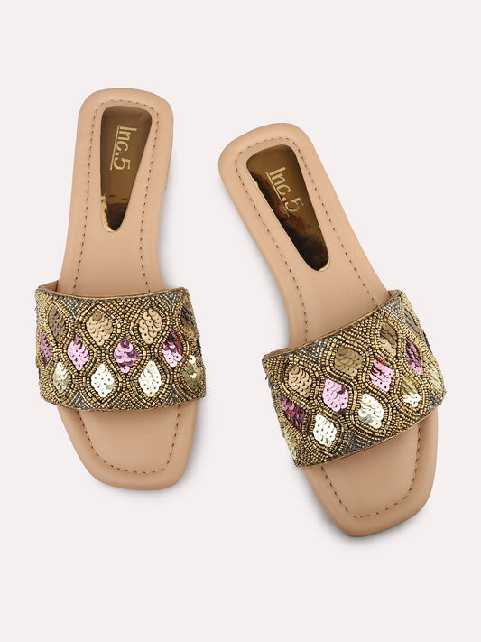Women Antique-Toned Ethnic Embroidered Open Toe Flats