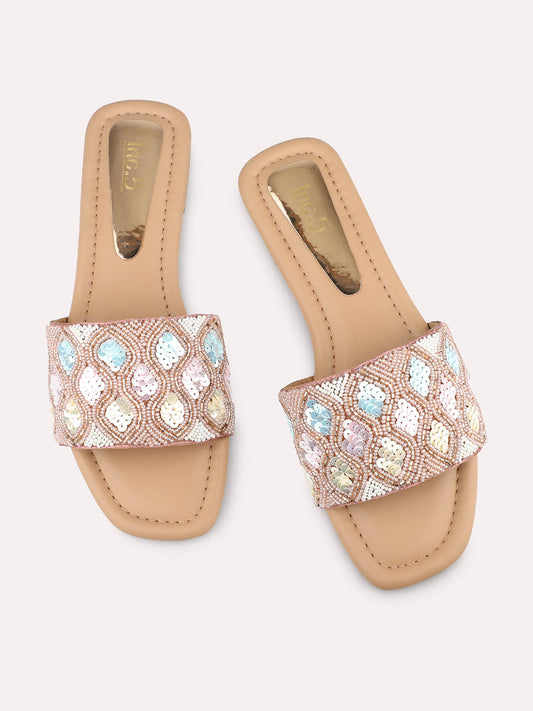 Women Rose Gold-Toned Ethnic Embroidered Open Toe Flats