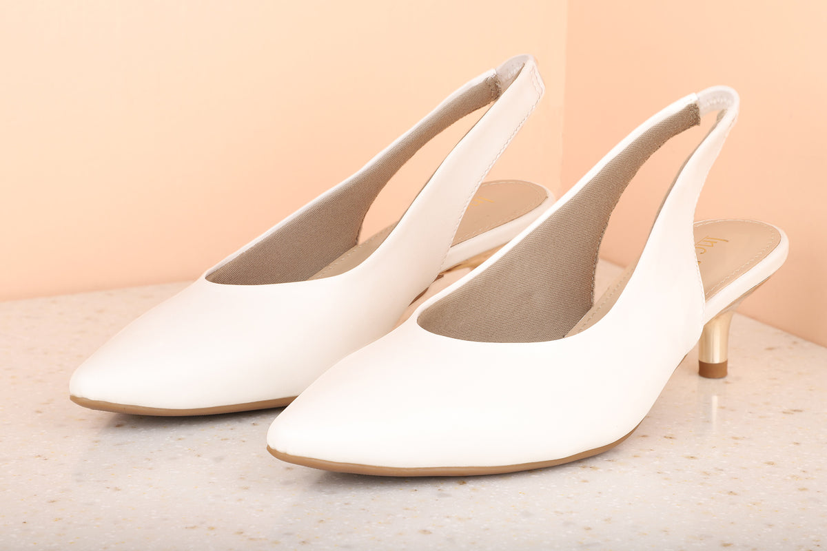 Women White Solid Kitten Heeled Mules