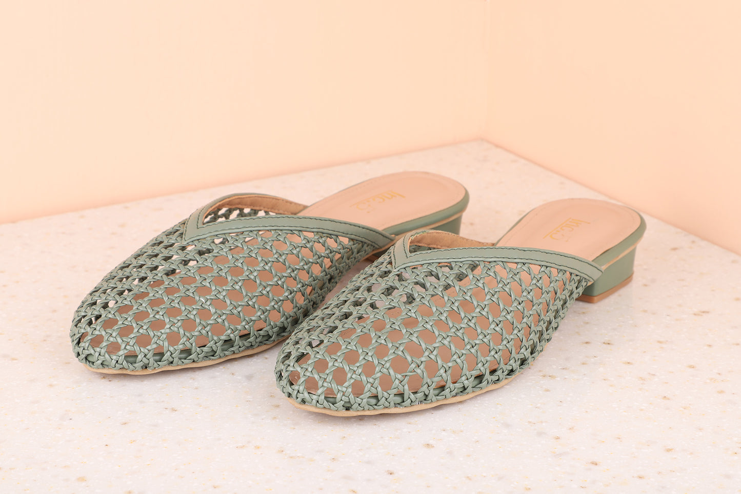 Women Green Woven Design Block Mules