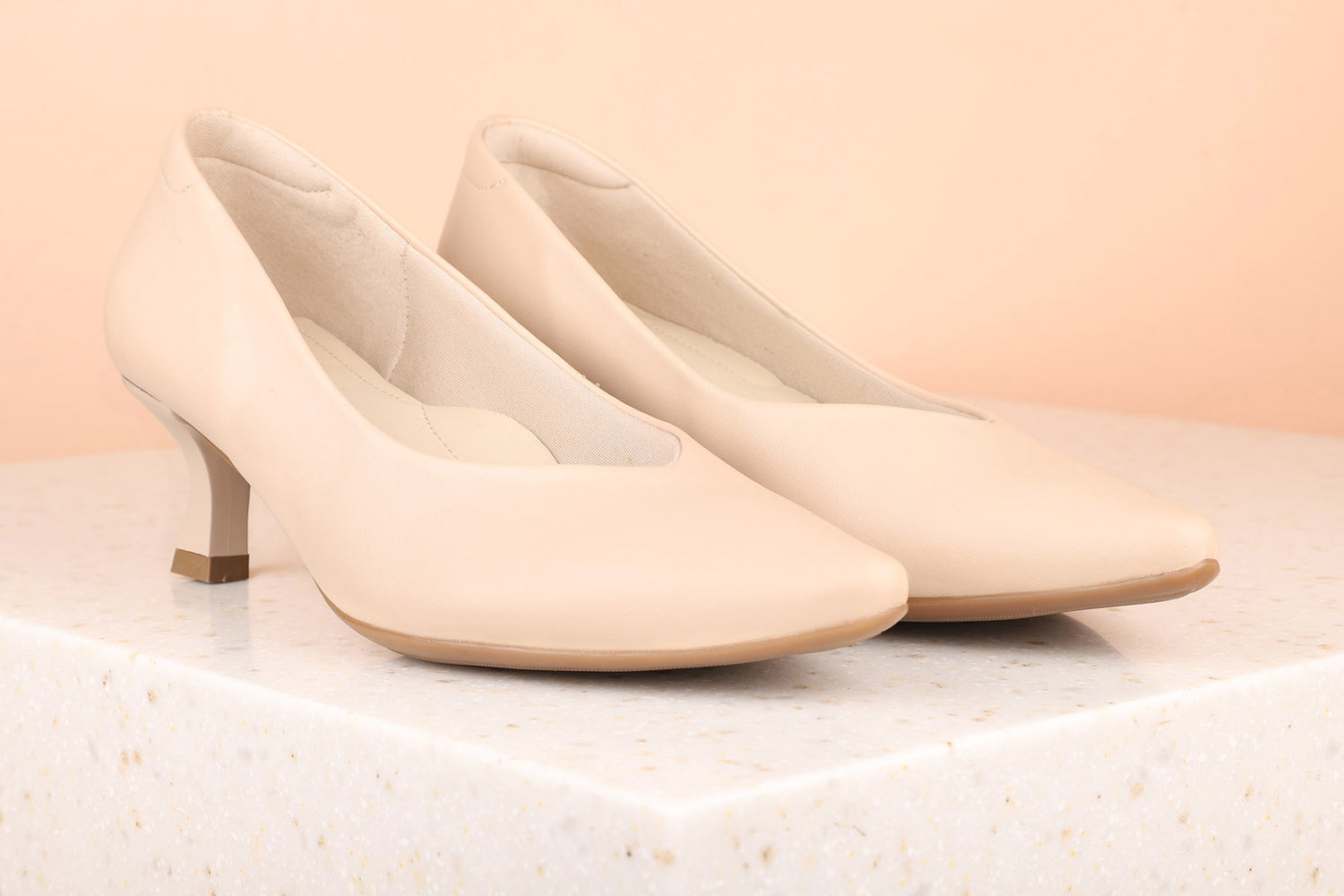 Women Beige Solid Kitten Pumps