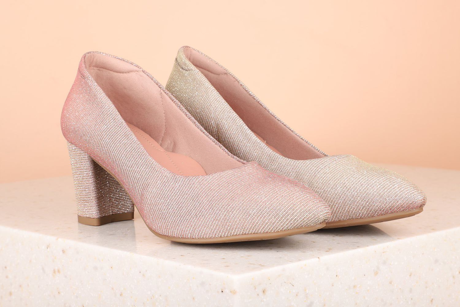 Women Rose Gold Embellished Block Pumps