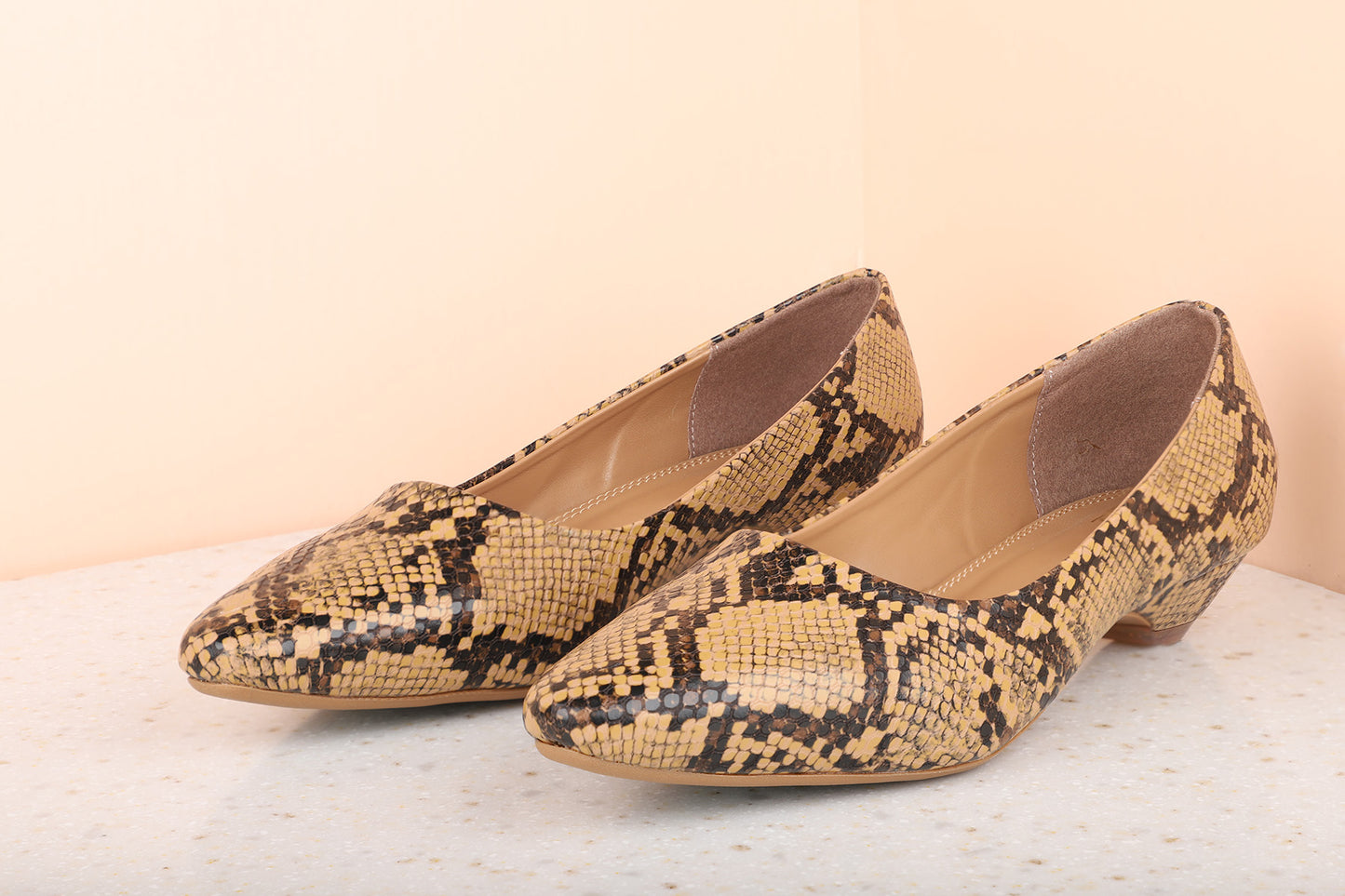 Women Tan Printed Party Kitten Pumps