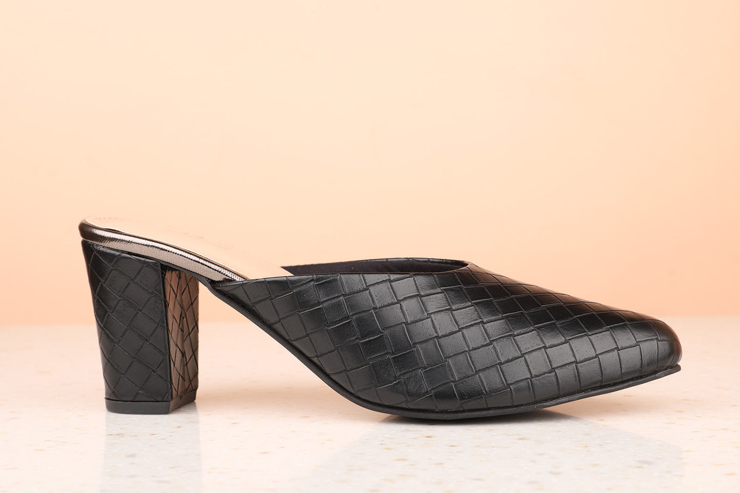 Women Black Textured Block Mules