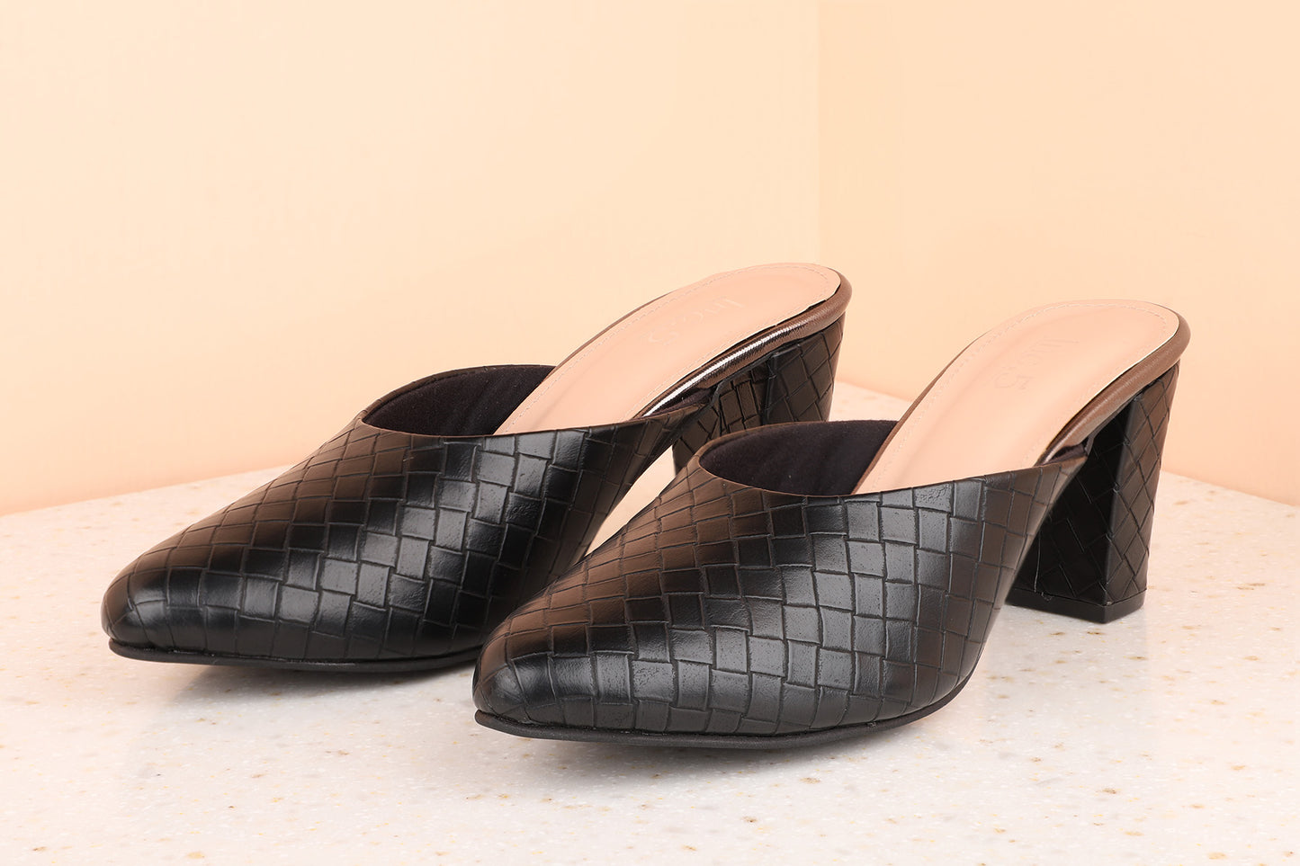 Women Black Textured Block Mules