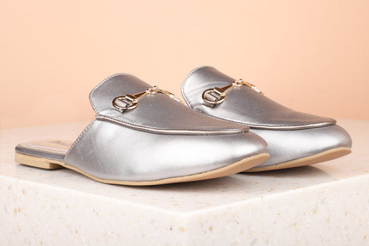 Women Silver Embellished Mules with Buckles Flats