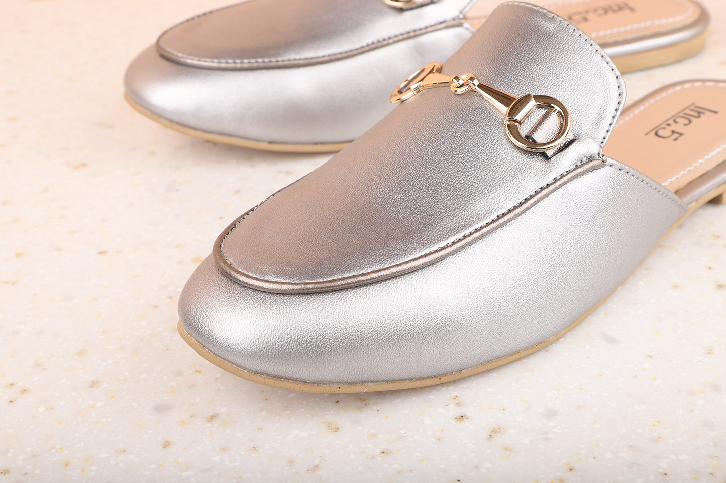 Women Silver Embellished Mules with Buckles Flats