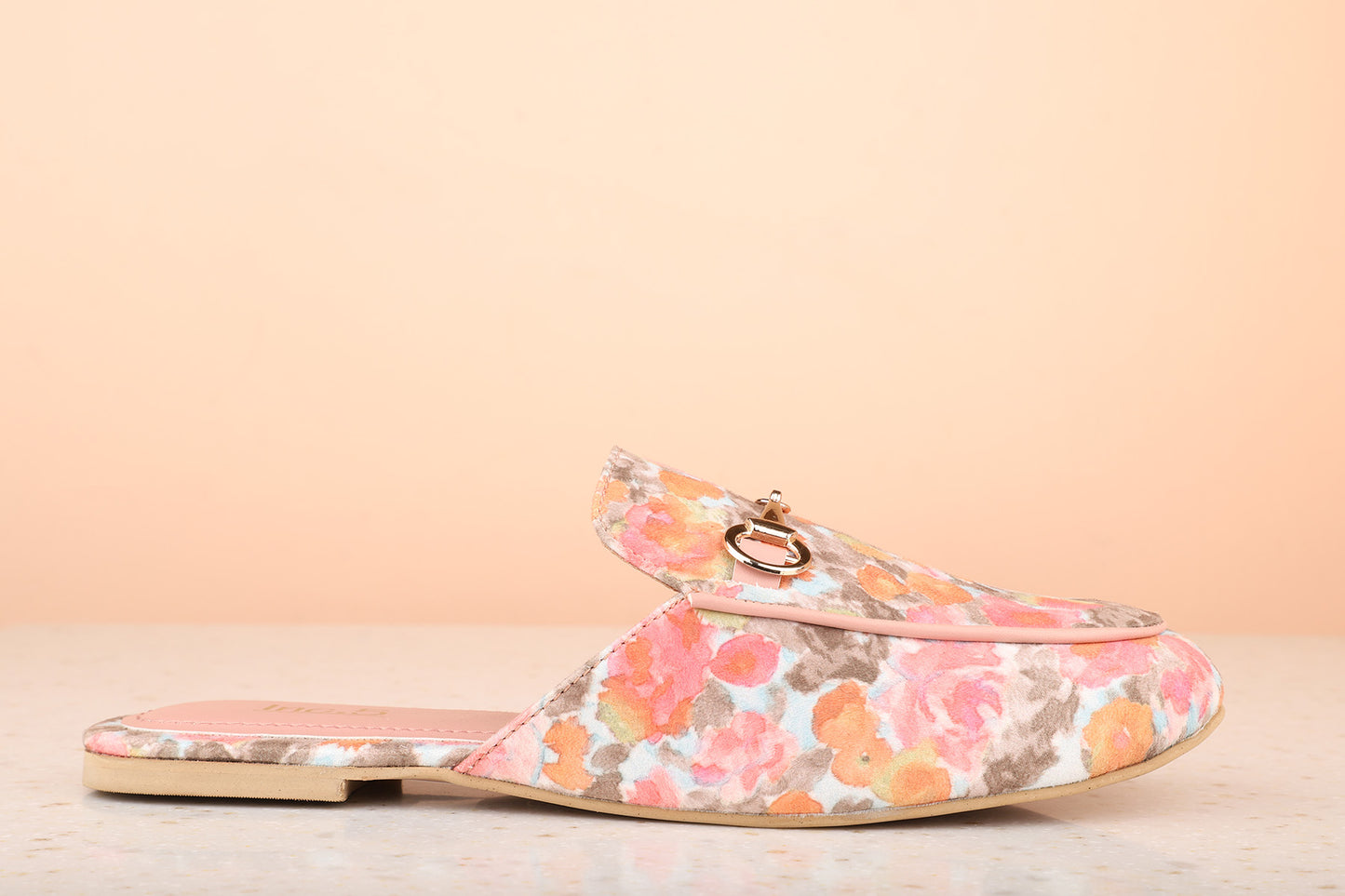 Women Peach Printed Mules with Bows Flats
