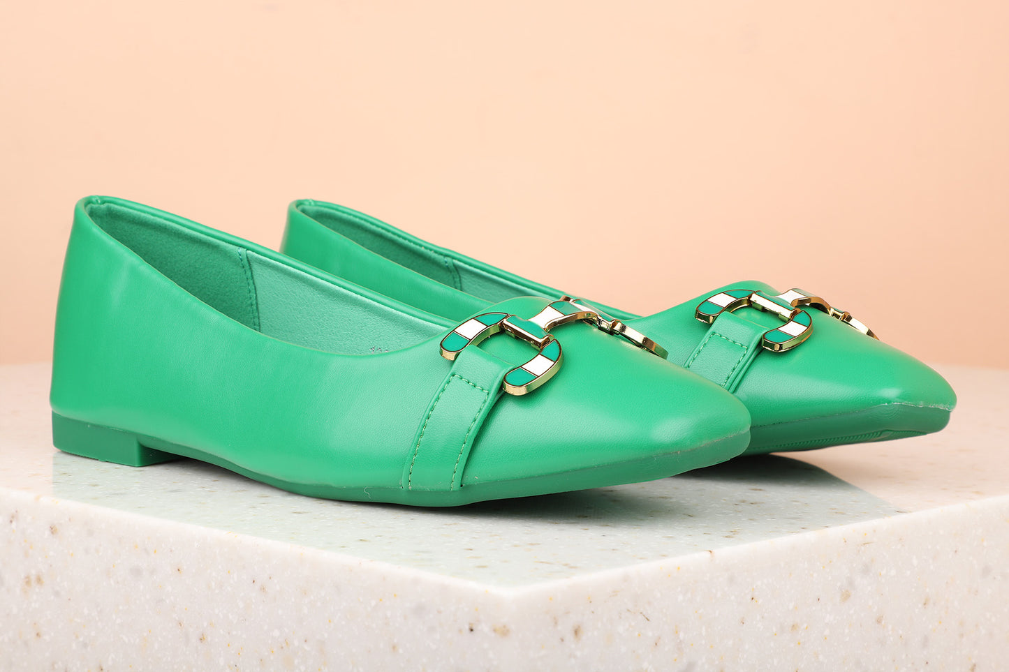 Women Green Solid Ballerinas with Buckle Detail