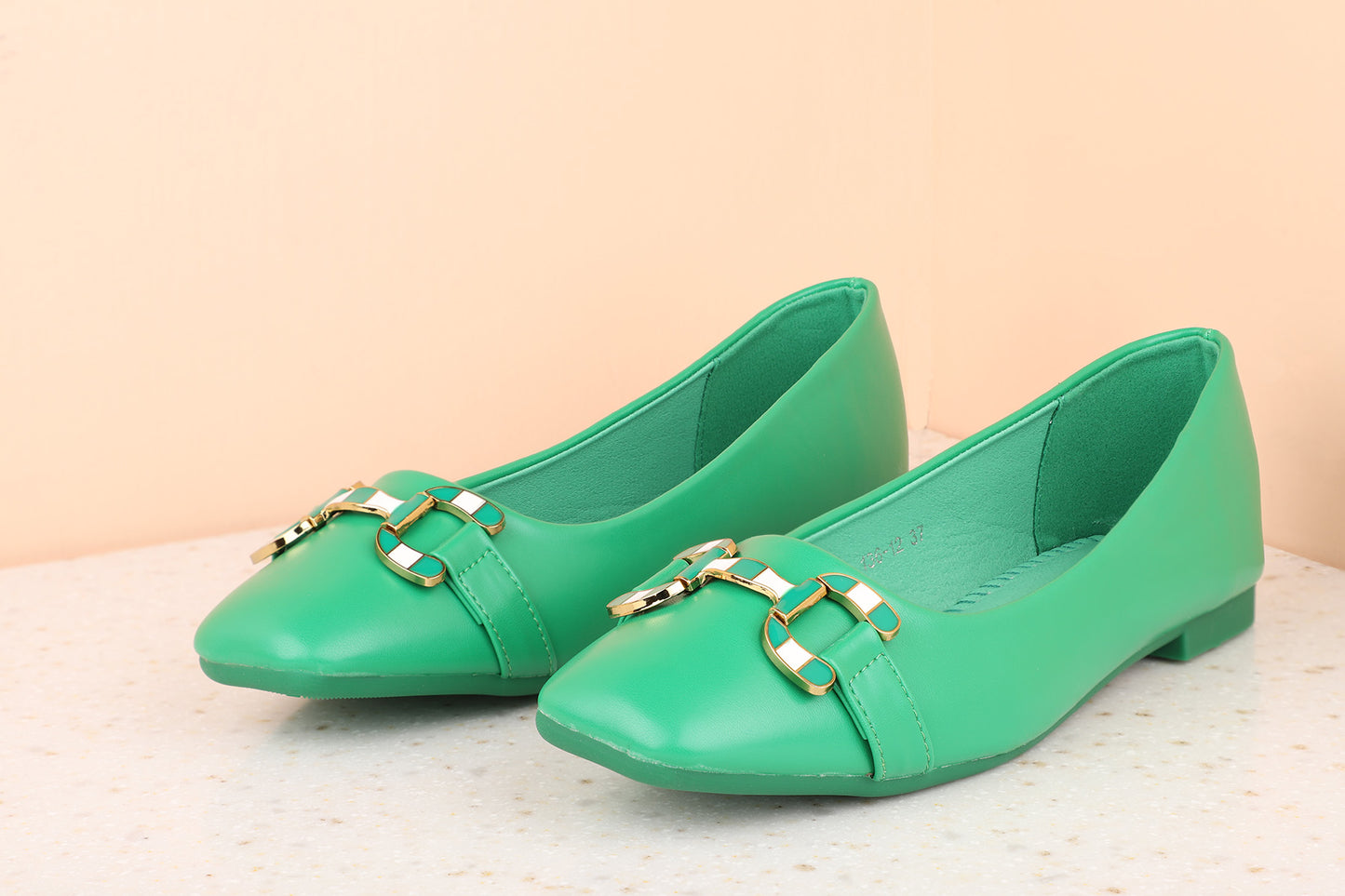 Women Green Solid Ballerinas with Buckle Detail