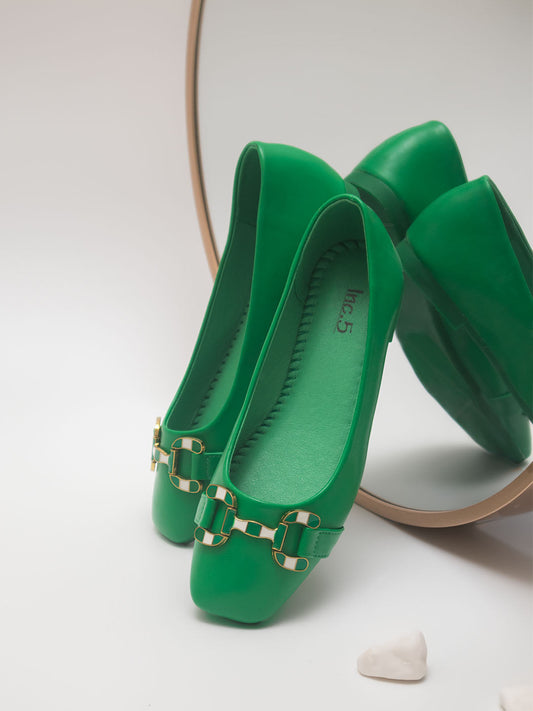 Women Green Solid Ballerinas with Buckle Detail