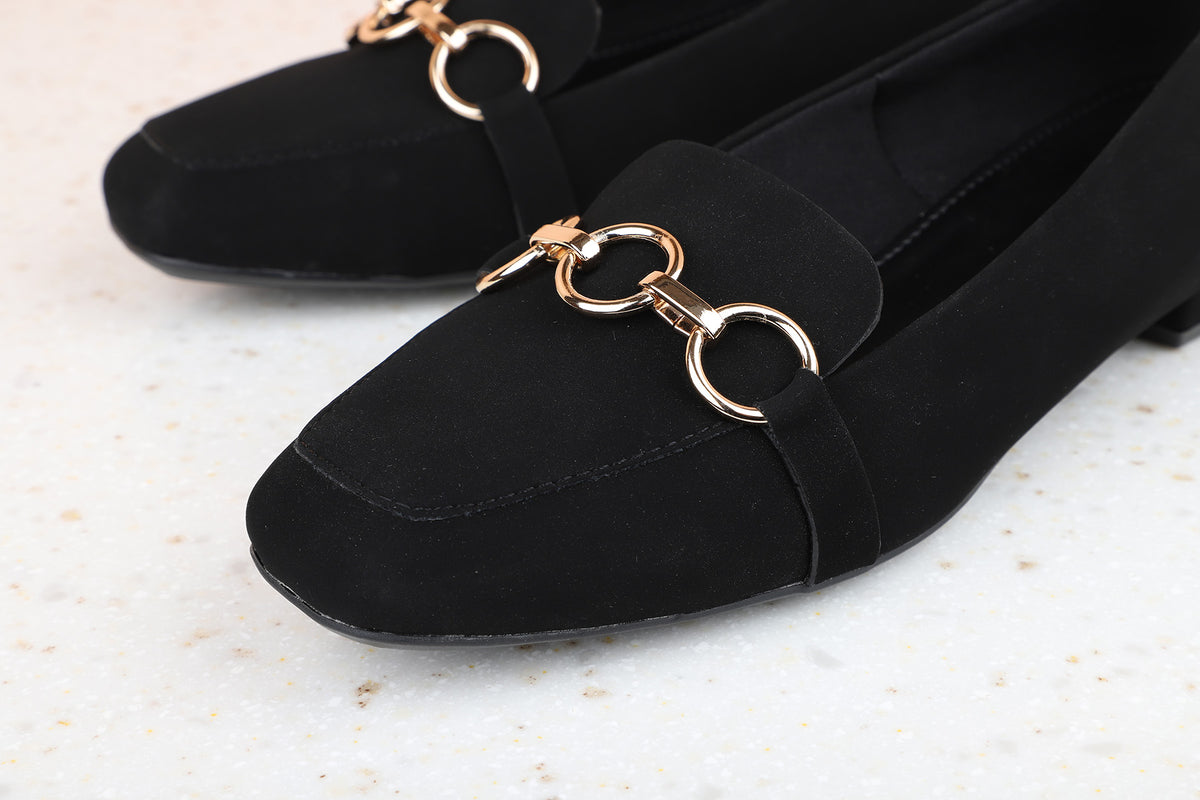 Women Black Suede Block Pumps