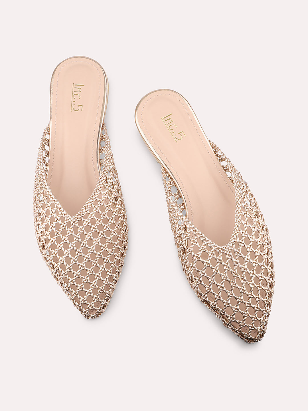 Women Rose Gold Woven Design Block Mules