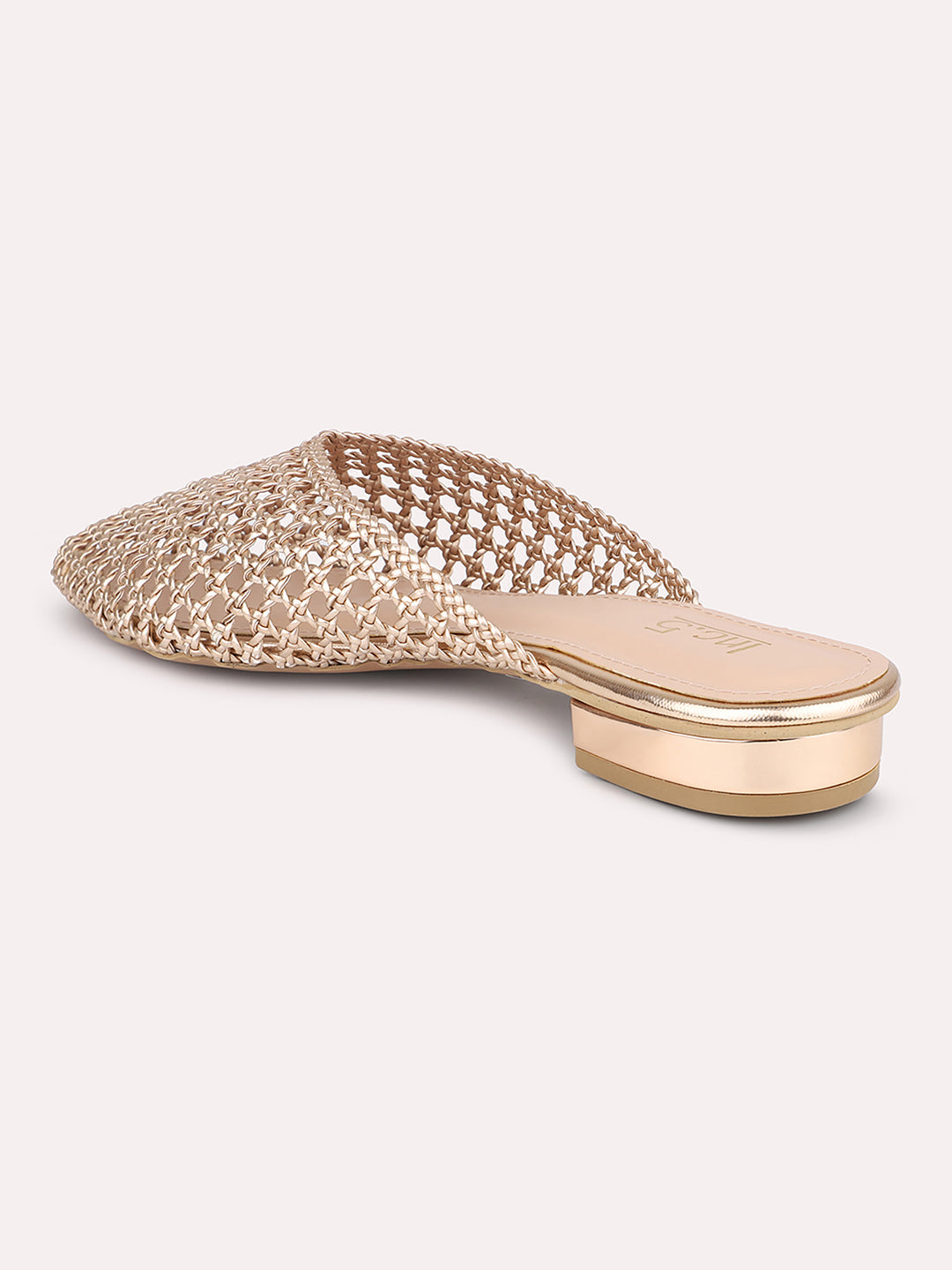 Women Rose Gold Woven Design Block Mules