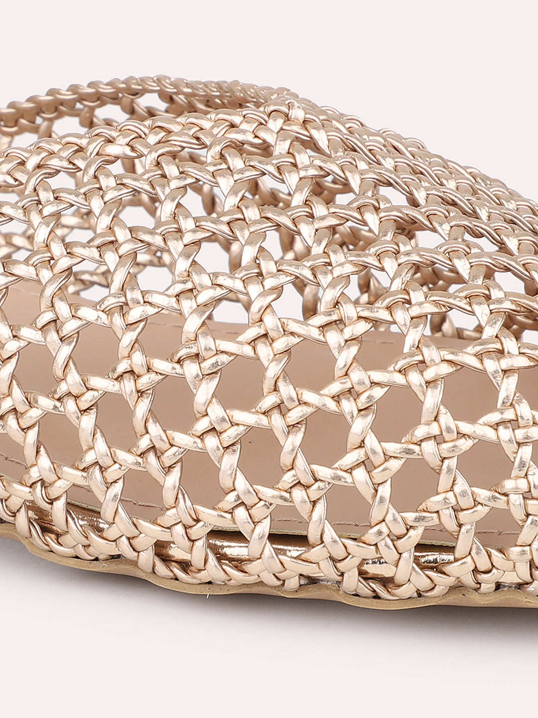 Women Rose Gold Woven Design Block Mules