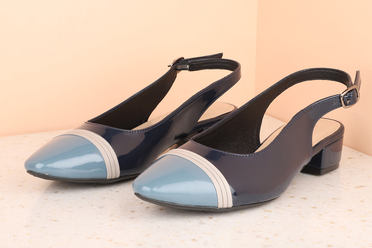 Women Navy Colourblocked Block Heel Mules with Buckle Detail