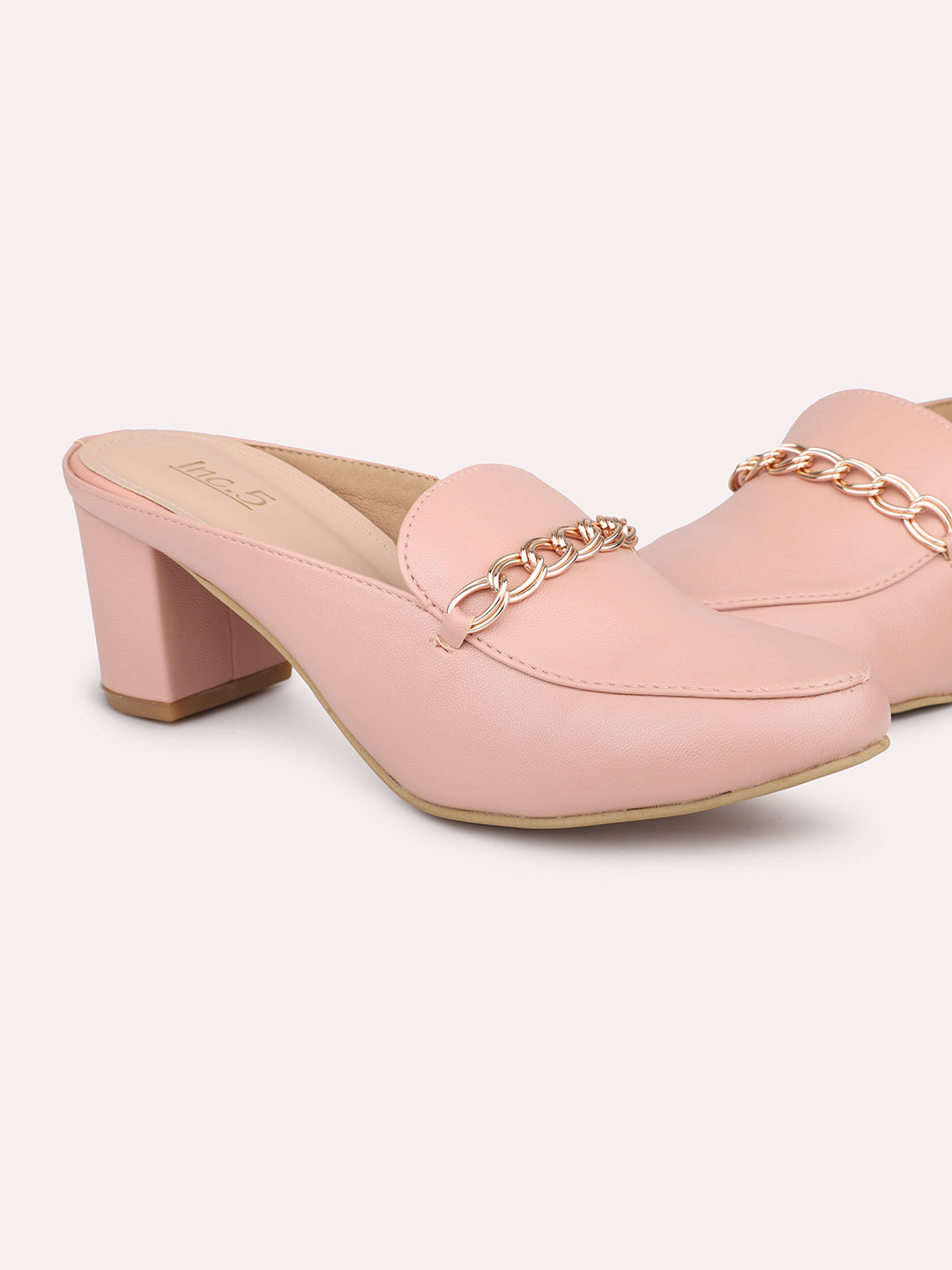 Women Peach Embellished Block Mules Heels