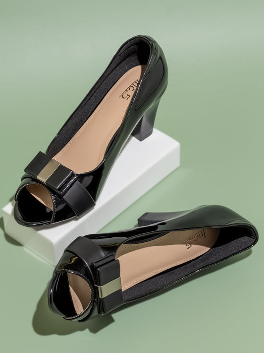 Women Black Block Peep Toes With Bows