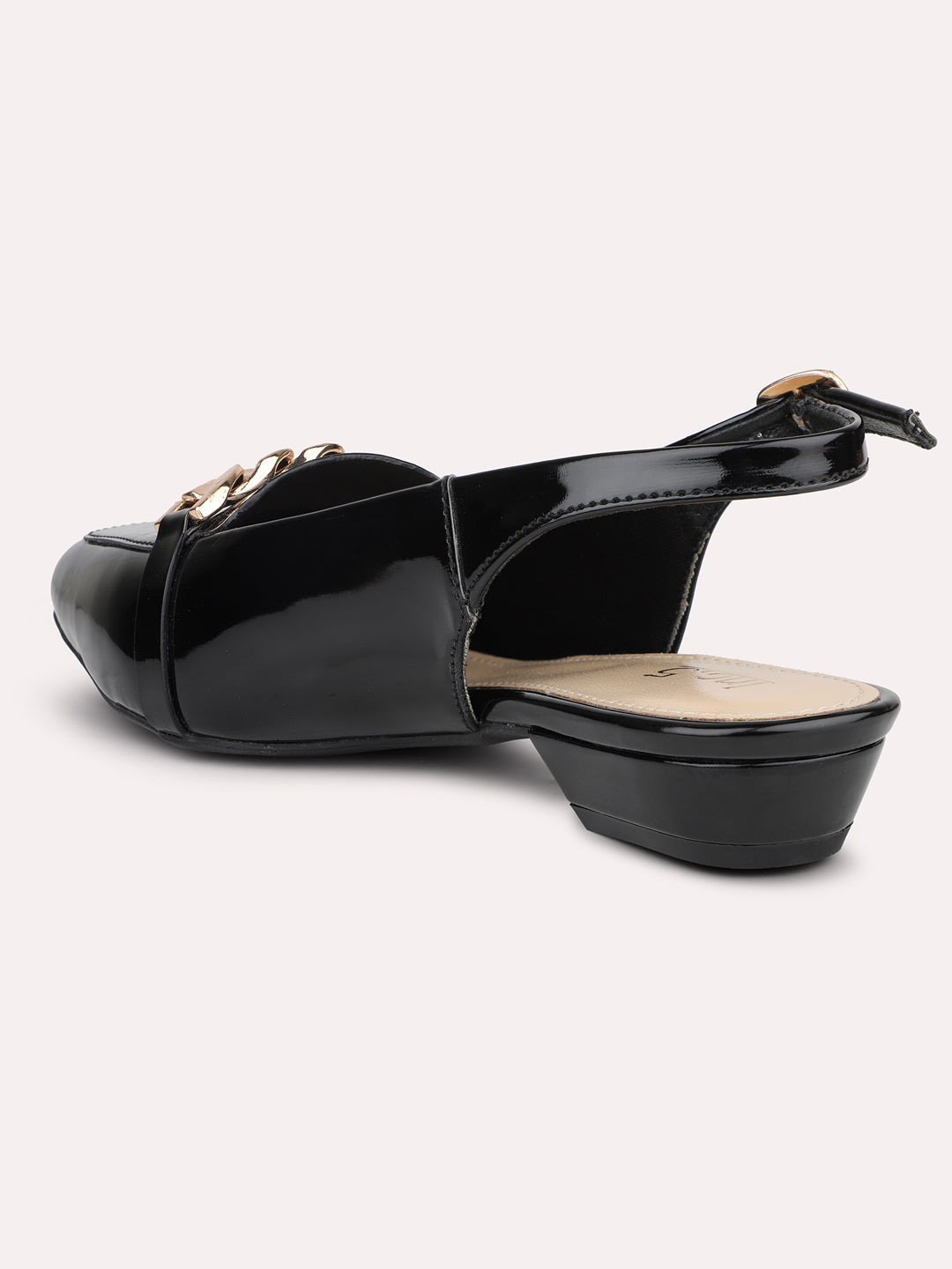 Women Black Textured Block Mules with Chain Buckles