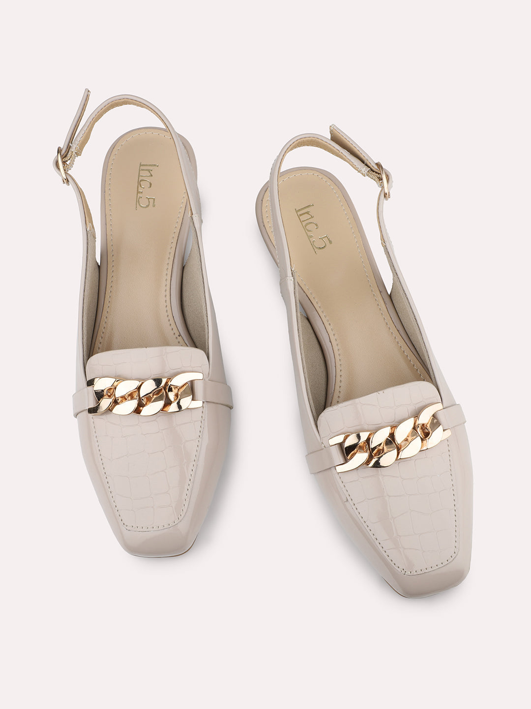 Women Beige Textured Block Mules with Chain Buckles