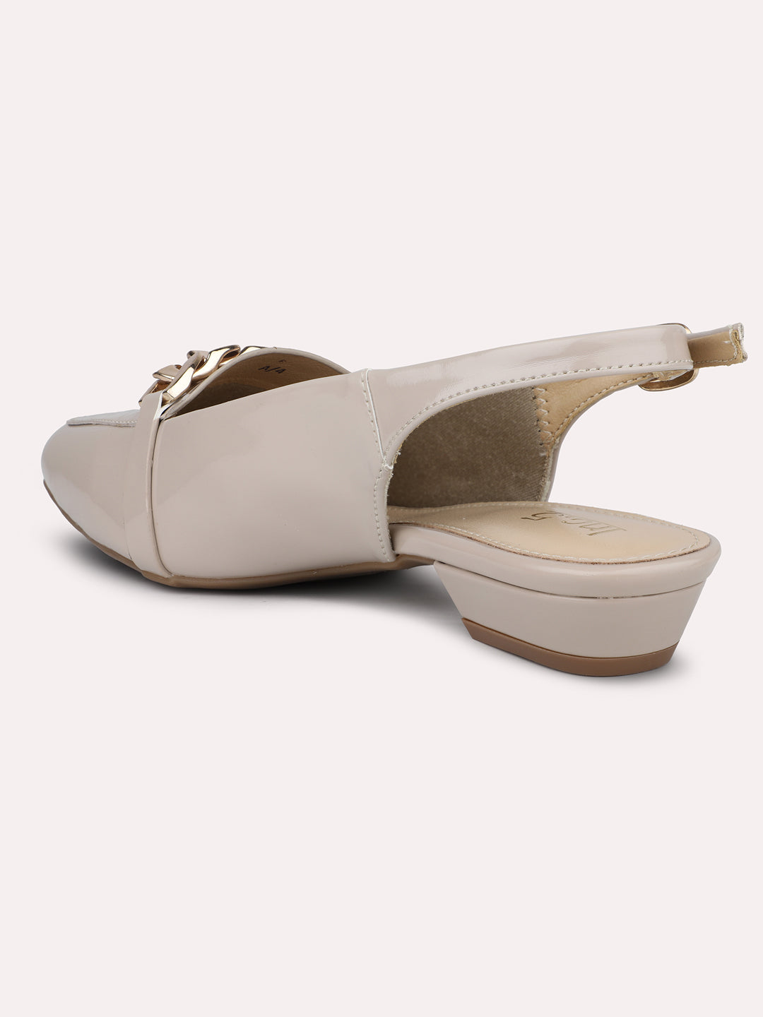 Women Beige Textured Block Mules with Chain Buckles