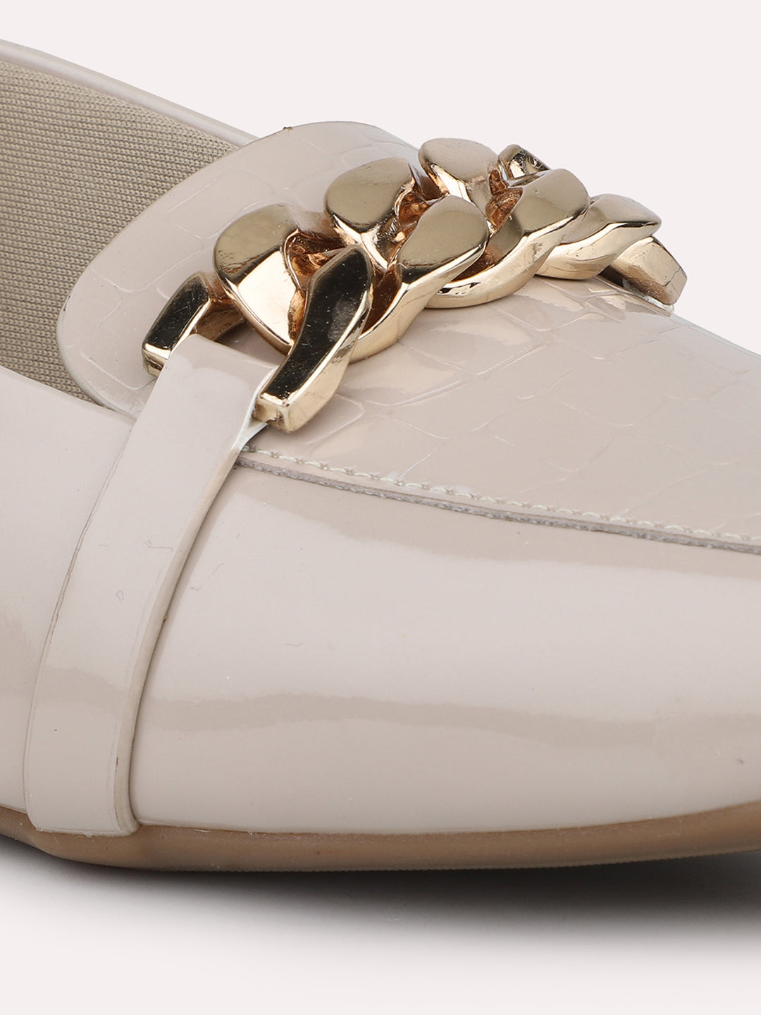 Women Beige Textured Block Mules with Chain Buckles