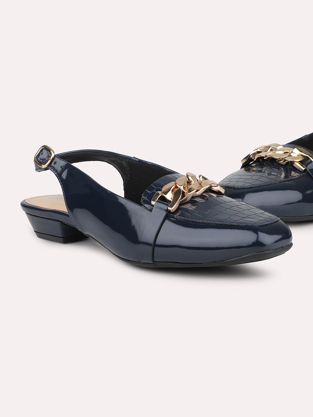 Women Navy Textured Block Mules with Chain Buckles