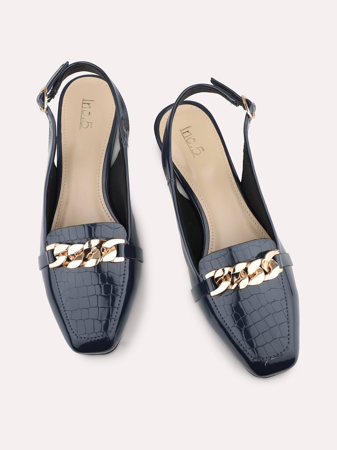 Women Navy Textured Block Mules with Chain Buckles
