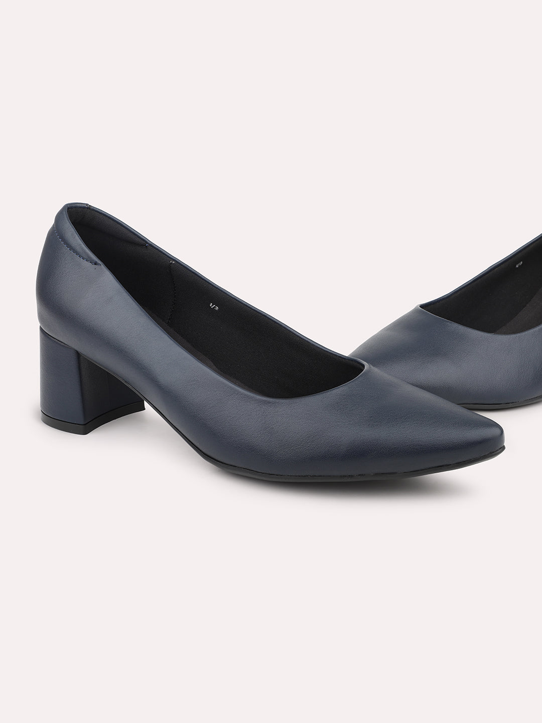 Women Navy Pointed Toe Block Pumps