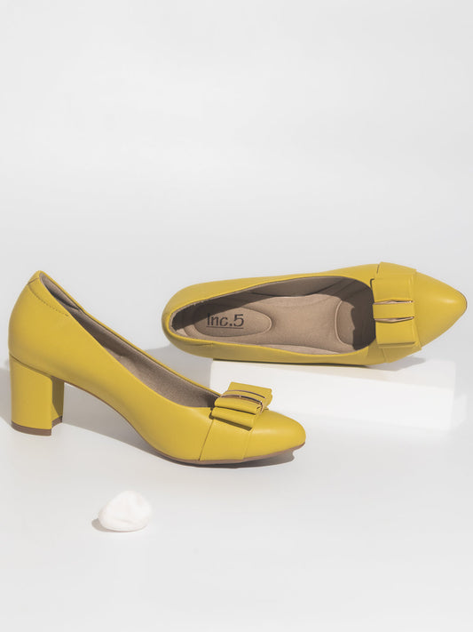 Women Yellow Block Heels Pumps With Bows