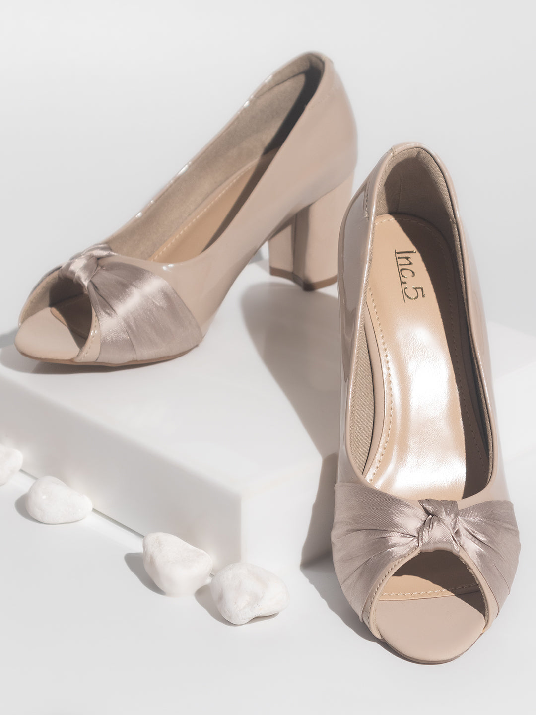 Women Beige Block Heels Peep Toe Pumps