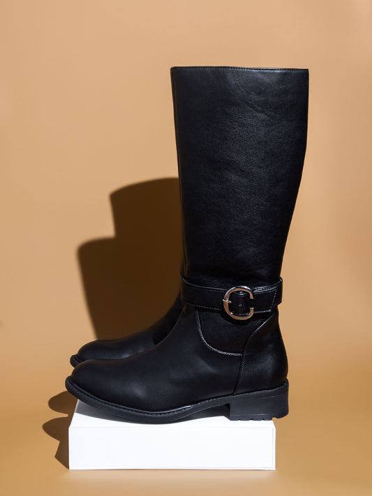 Women Black Round Toe High-Top Block Heel Boots