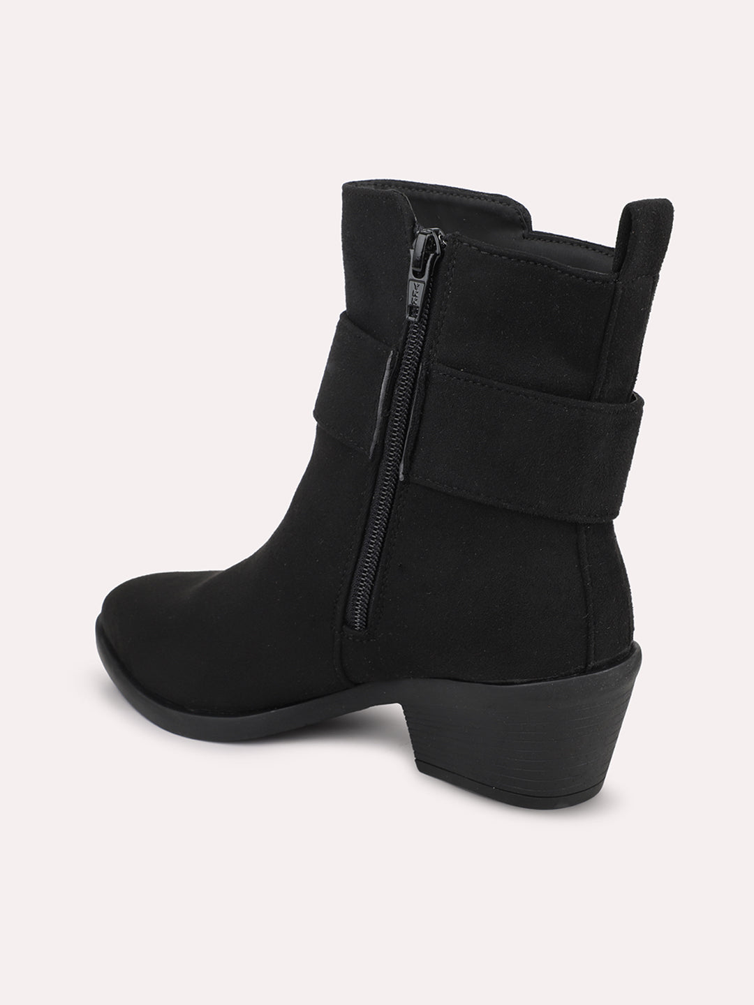 Women Black Block Heeled Boots with Buckles
