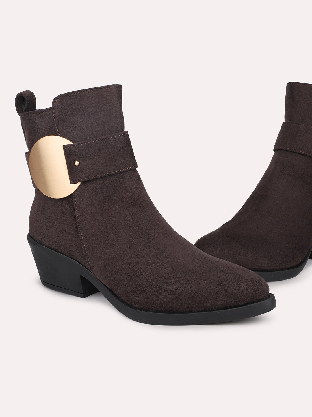 Women Brown Block Heeled Boots with Buckles