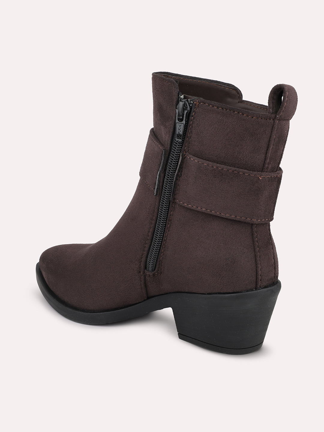 Women Brown Block Heeled Boots with Buckles