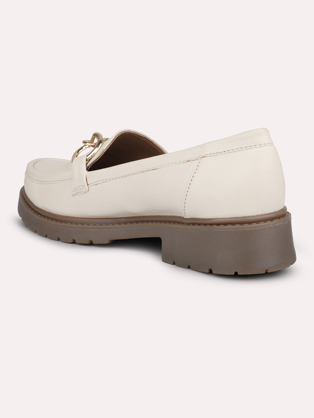 Women Cream Buckle Detail Square Toe Moccasins