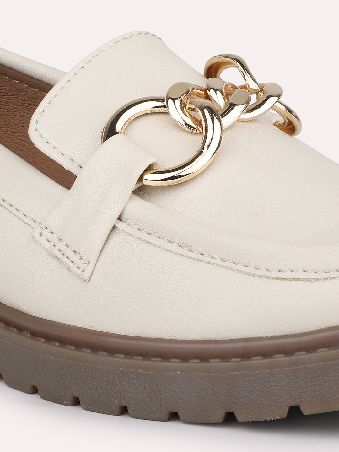 Women Cream Buckle Detail Square Toe Moccasins