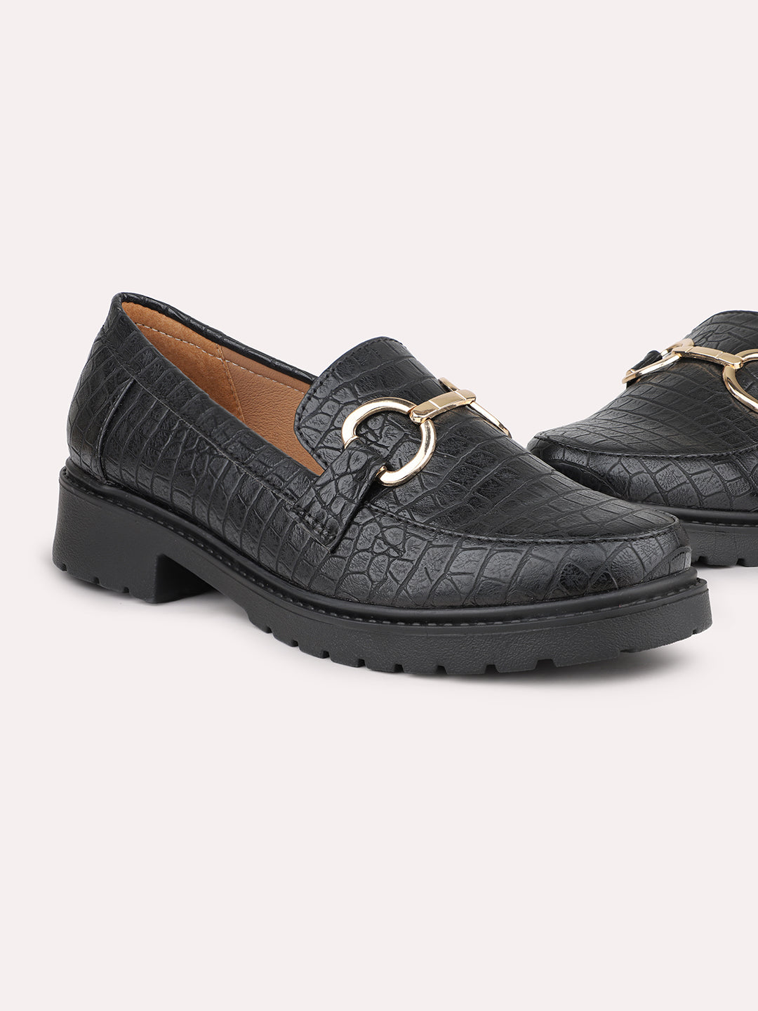 Women Black Buckle Detail Moccasins