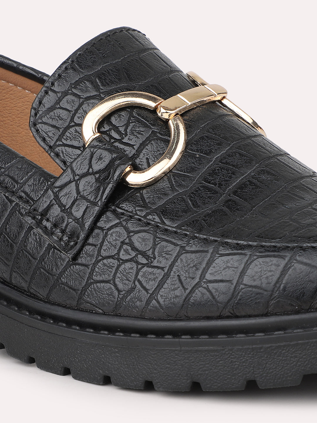 Women Black Buckle Detail Moccasins