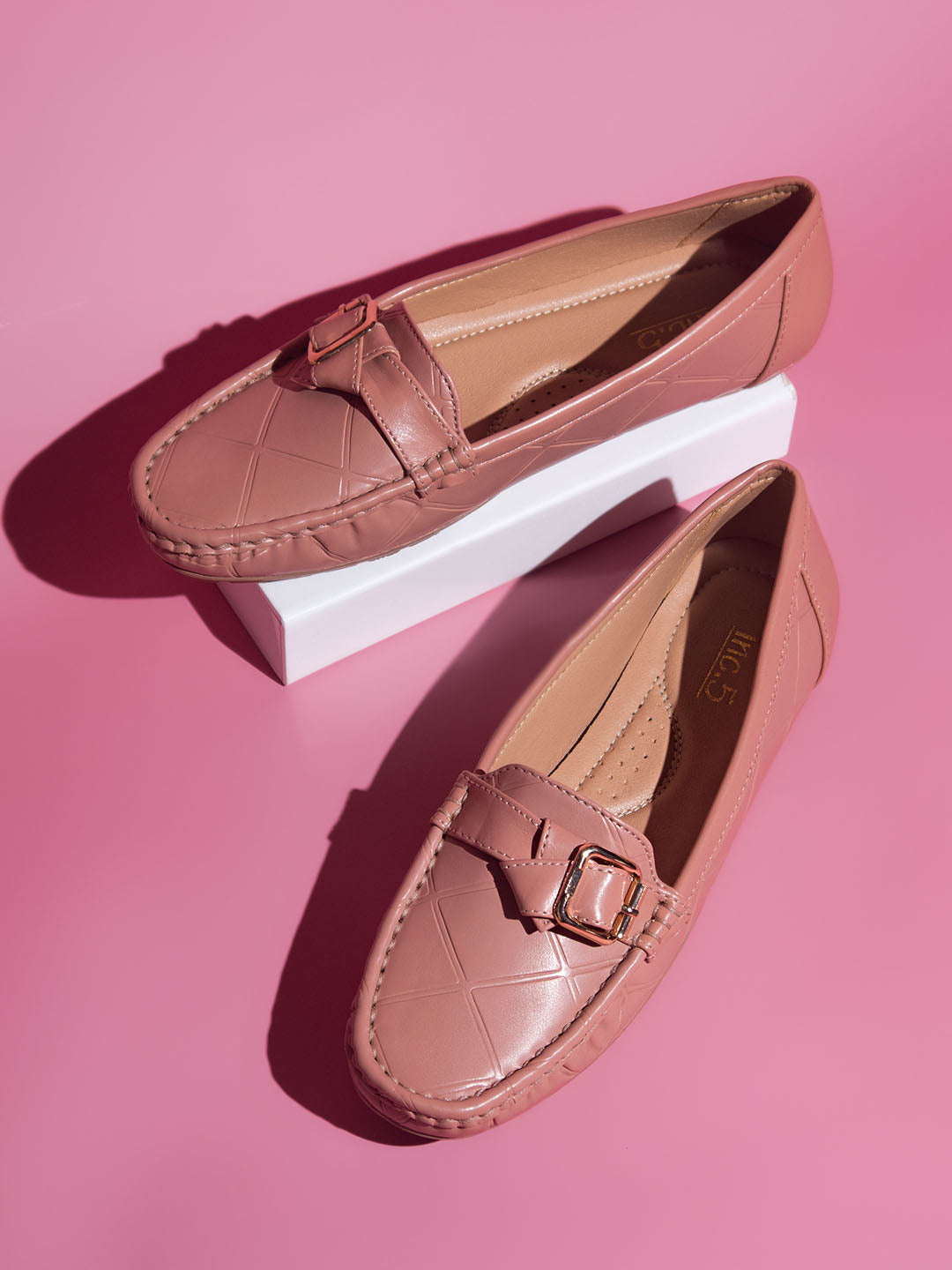 Women Peach Loafers with Buckle Detail