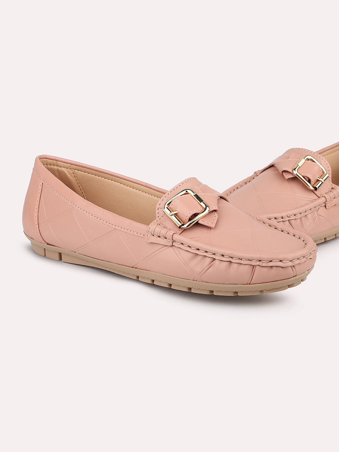 Women Peach Loafers with Buckle Detail